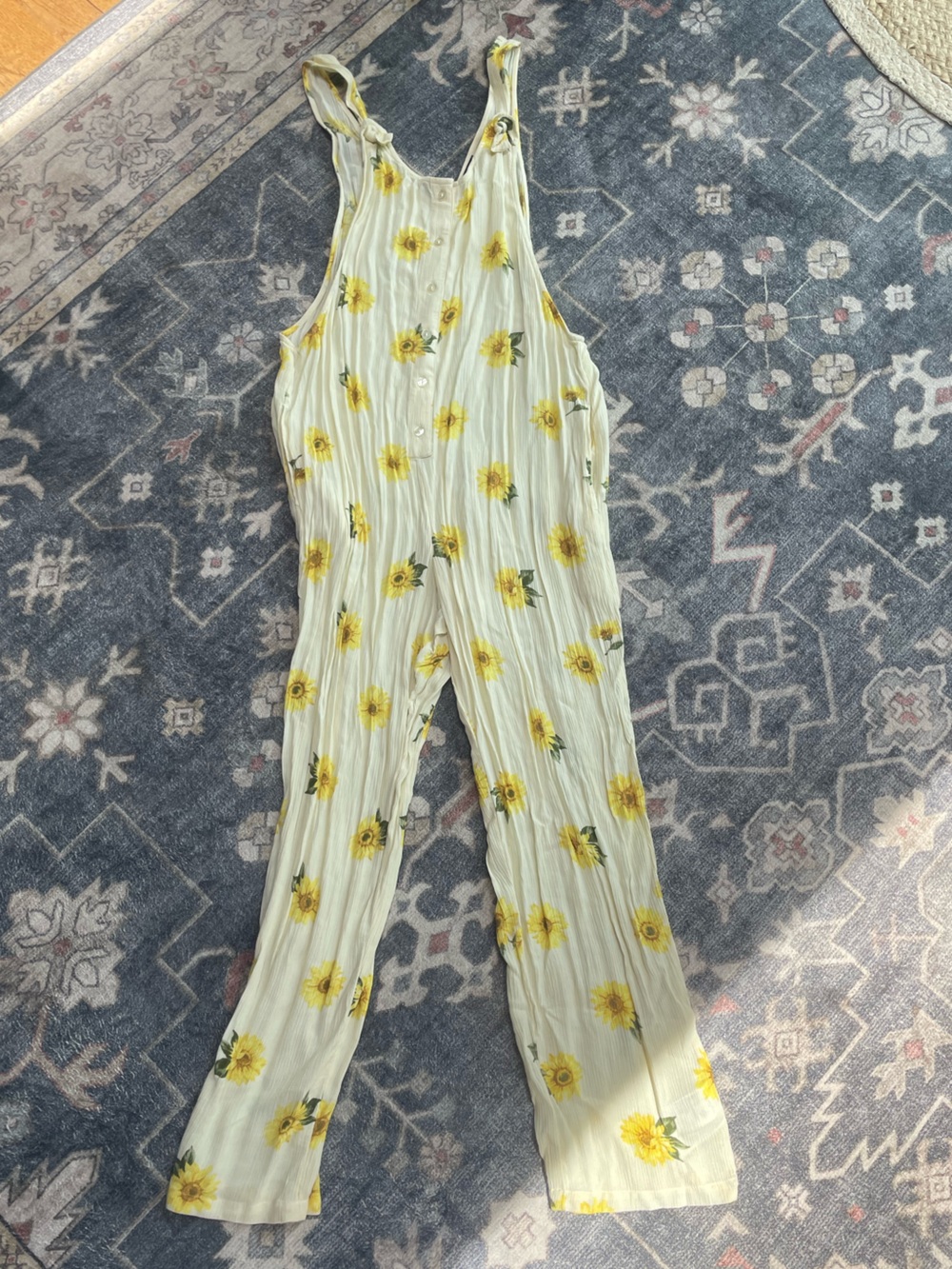 Sunflower Print V-Neck Romper - Jumpsuit - Yellow on Cream